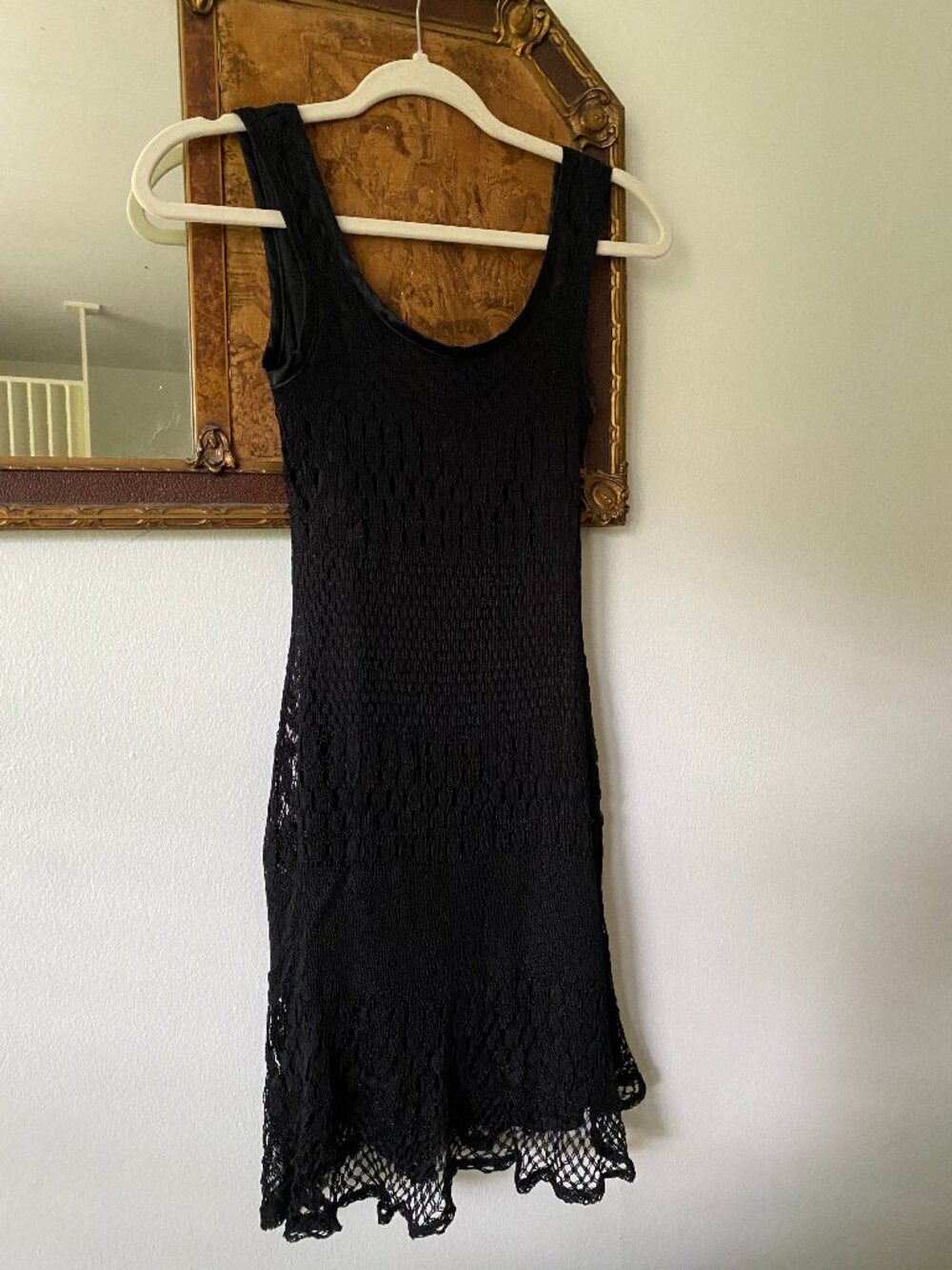 Vintage y2k Black Crochet Mini Dress Boho Jane Birkin Summer Size 6